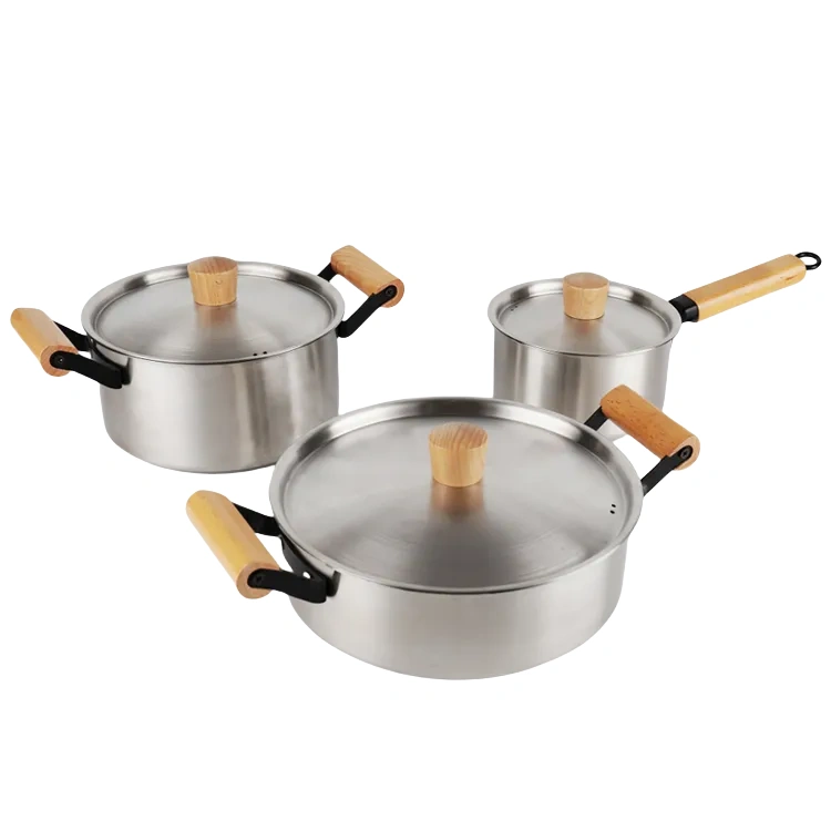 stainless steel cookware pots and pans set with wooden handle OEM