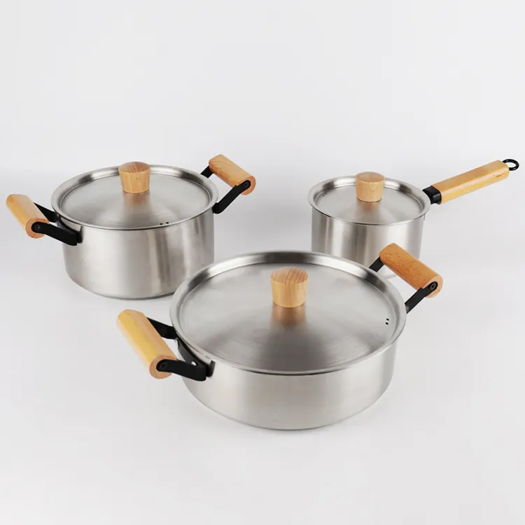 stainless steel cookware pots and pans set with wooden handle OEM