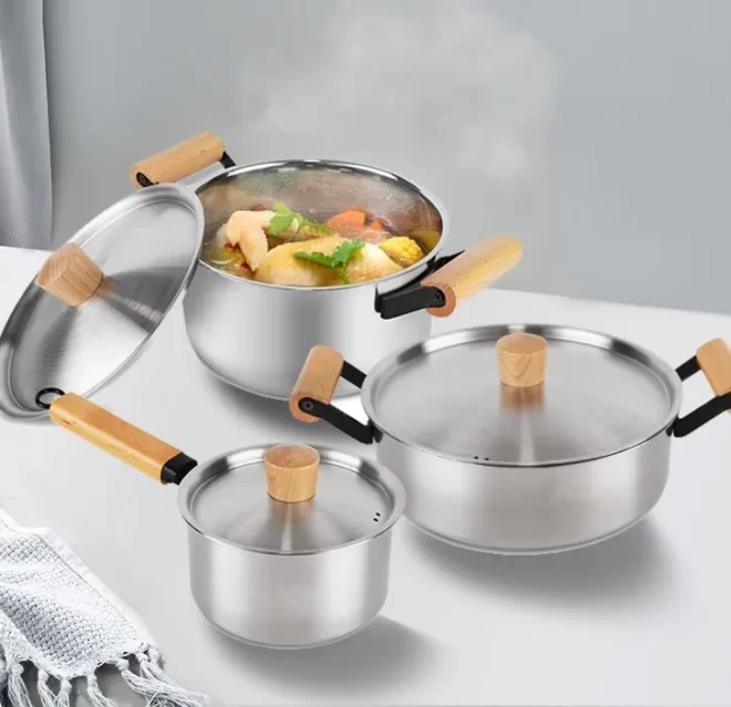 stainless steel cookware pots and pans set with wooden handle OEM