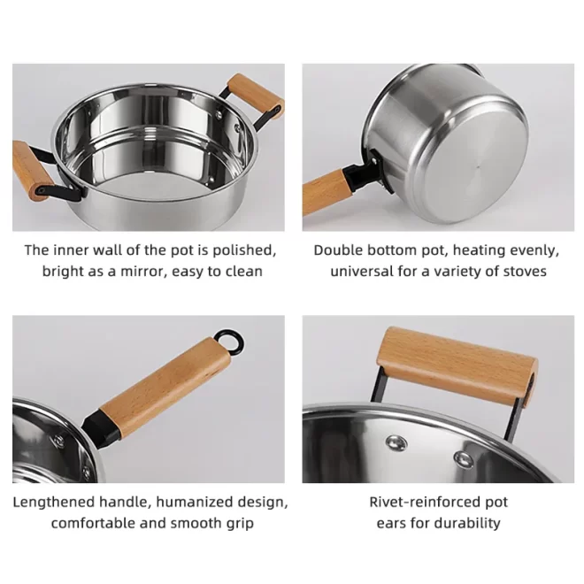 stainless steel cookware pots and pans set with wooden handle OEM