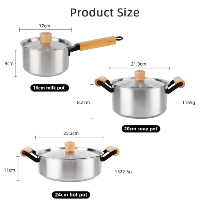 stainless steel cookware pots and pans set with wooden handle OEM