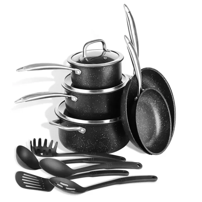 custom stainless steel non stick cookware set with cooking utensils