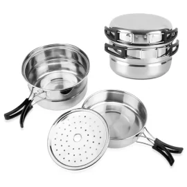 Custom Camping Cooking Pot Stainless Steel 3 Pcs Lightweight With Foldable Handle