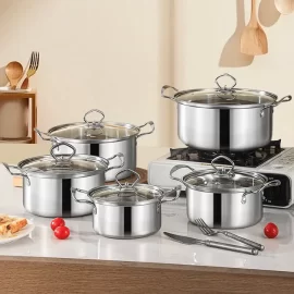 Wholesale Cookware Set 10 PCS Stainless Steel Cooking Pot Set With Golden Handle