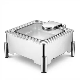 Bandejas de aquecimento de alimentos por atacado para buffet, prato de chafer quadrado de aço inoxidável com tampa de vidro