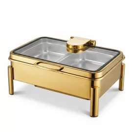 Chafing Dish con Tapa de Cristal al por mayor de oro de acero inoxidable calentador de alimentos Buffet personalizado