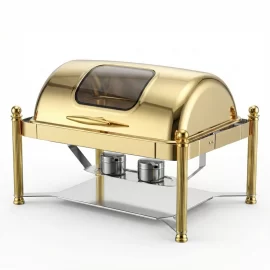 Chafing Dish Gold Roll Top al por mayor de acero inoxidable con tapa de cúpula y patas de columna romana